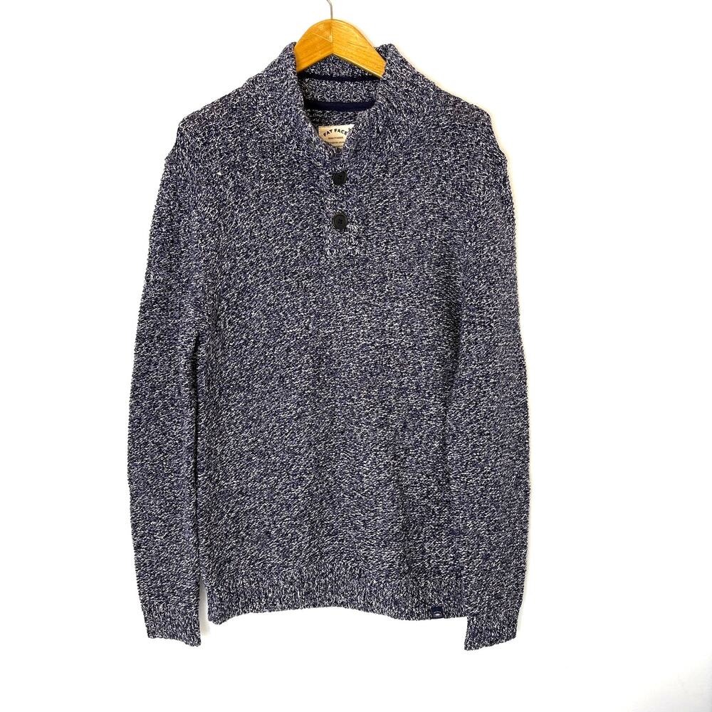 Fat Face - Men's Cotton / Wool Blend Blue Knit Henley Sweater- Med